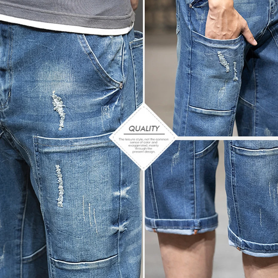 Streetwear Jeans Men Denim Pants Summer Calf-length Jeans Male Cargo Pants Fashion Short Pants Plus Size 40 Baggy Bottoms