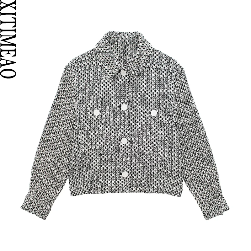 

Xitimeao Women Fashion Front Metal Button Patch Pockets Jacket Coat Vintage Lapel Collar Long Sleeve Female Outerwear Chic Tops
