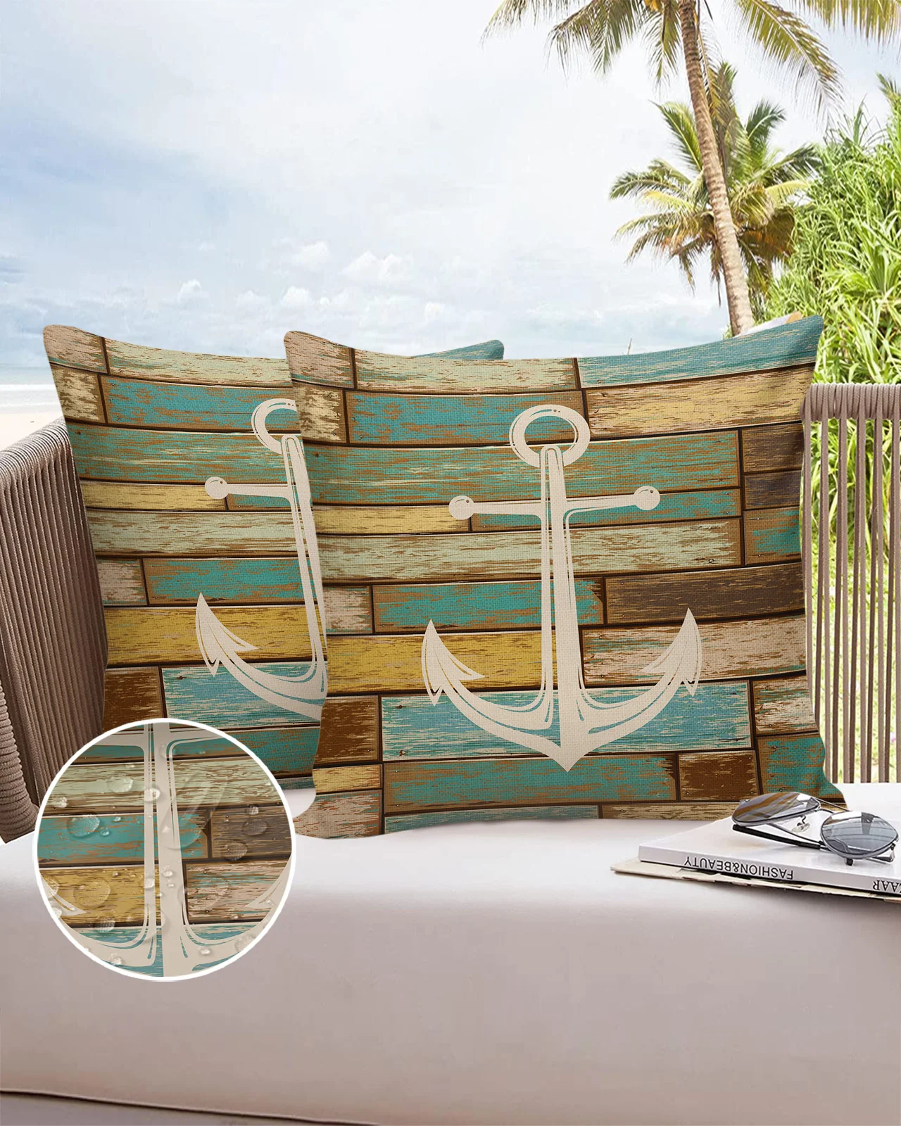 

2/4PCS Outdoor Waterproof Pillowcase Vintage Old Wooden Planks Texture Anchor Sofa Cushions Case Decorative Pillows Cover