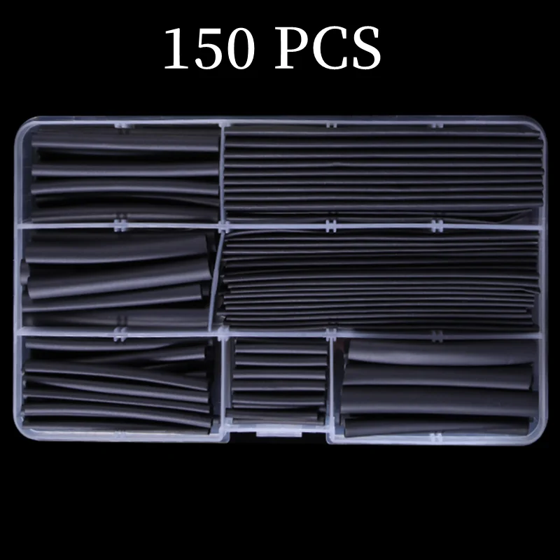 150 PCS Black Boxed 2:1 Times Shrink Heat Shrink Sleeve Set Thermoresistant Tube Wire Insulated Polyolefin DIY Kit