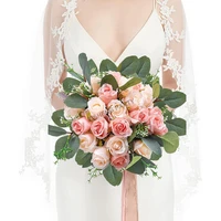 bridal bridesmaid wedding bouquet pink silk flowers roses artificial bride boutonniere pins mariage bouquet wedding accessories