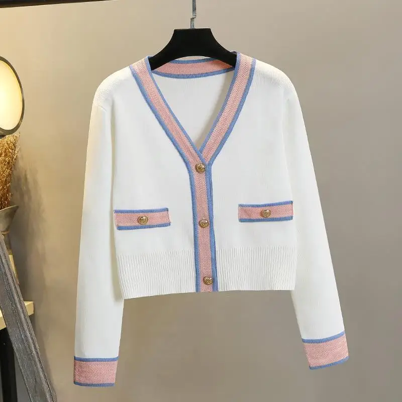 

Women V Neck Knitted Patchwork Cardigan Sweater Female Single-Breasted Vintage Knit Sweaters Long Sleeve Fashion Jumper Tops G46