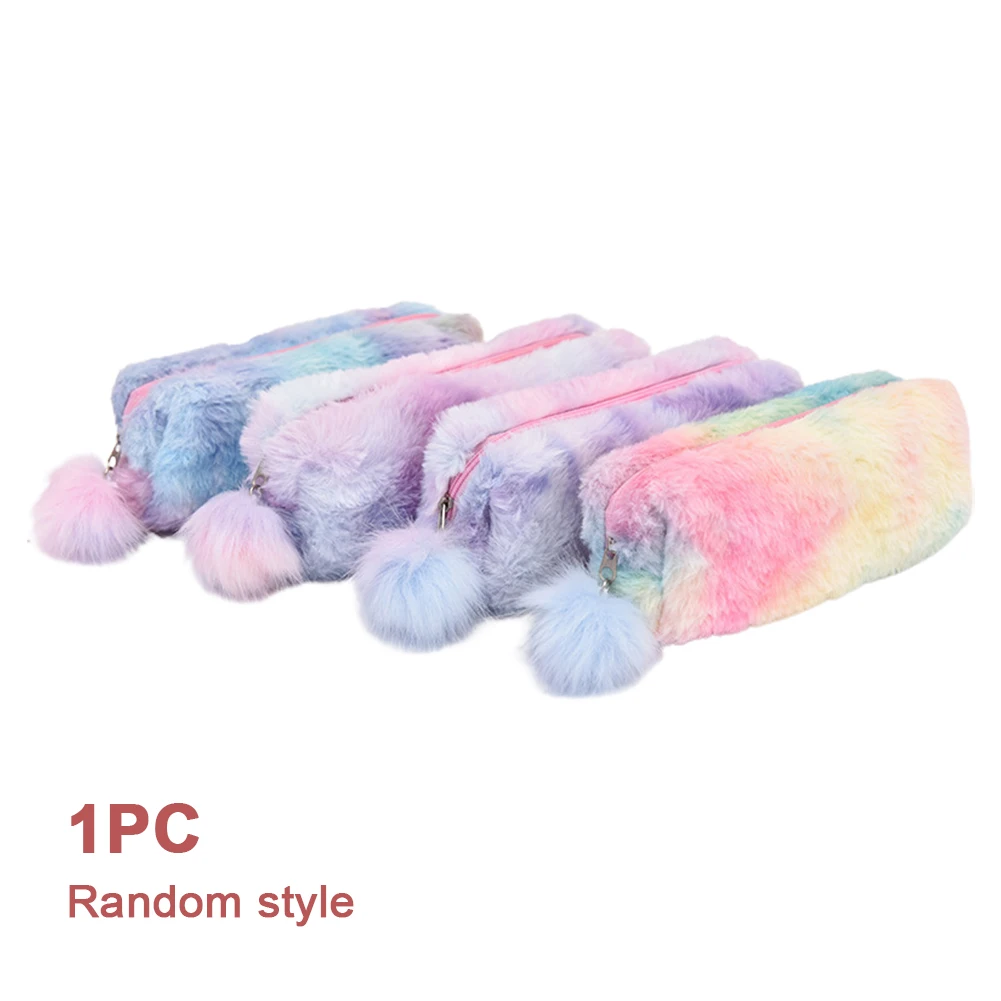 

Girl Student Kids Pen Holder School Supplies Soft Bag Plush Rainbow Cute Fluffy Large Capacity Storage Makeup Pouch Pencil Case