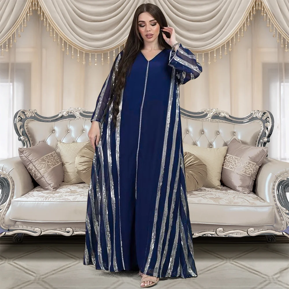 

Abaya Women Dubai Morocco Caftan Kaftan Striped Sequin Loose Fitting Robe Dubai Arab Chiffon Bead Spliced Robe Women Clothing