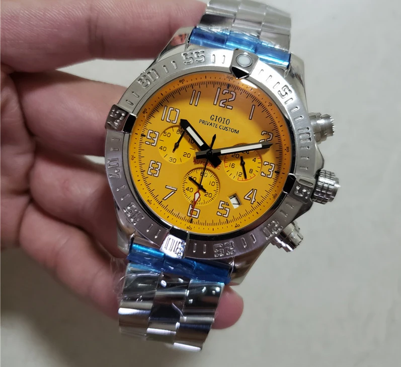 

Mens Quartz Chronograph Watch Black Blue Leather Yellow