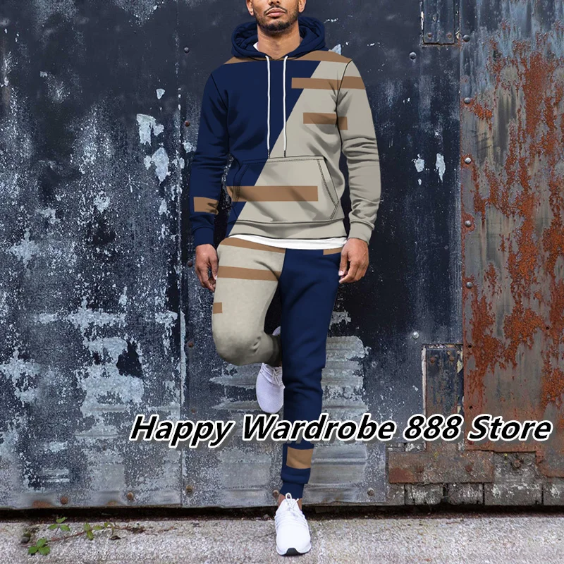 Mens Fleece Hoodies and Trousers 2 Piece Set Stripe Patchwork  Sweatshirts Sweatsuit Man Casual Tracksuits Autumn Clothes Outfit