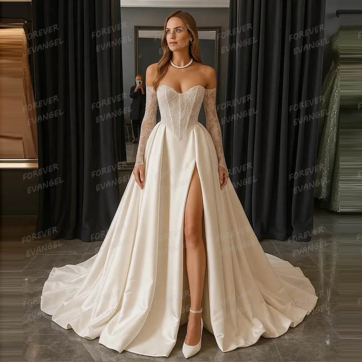 Фото Элегантные свадебные платья 2026 A Line Woman Sexy Sweetheart Bride Gowns с длинным рукавом и разрезом по бокам, атласные платья Vestidos De Noche по индивидуальному заказу №2