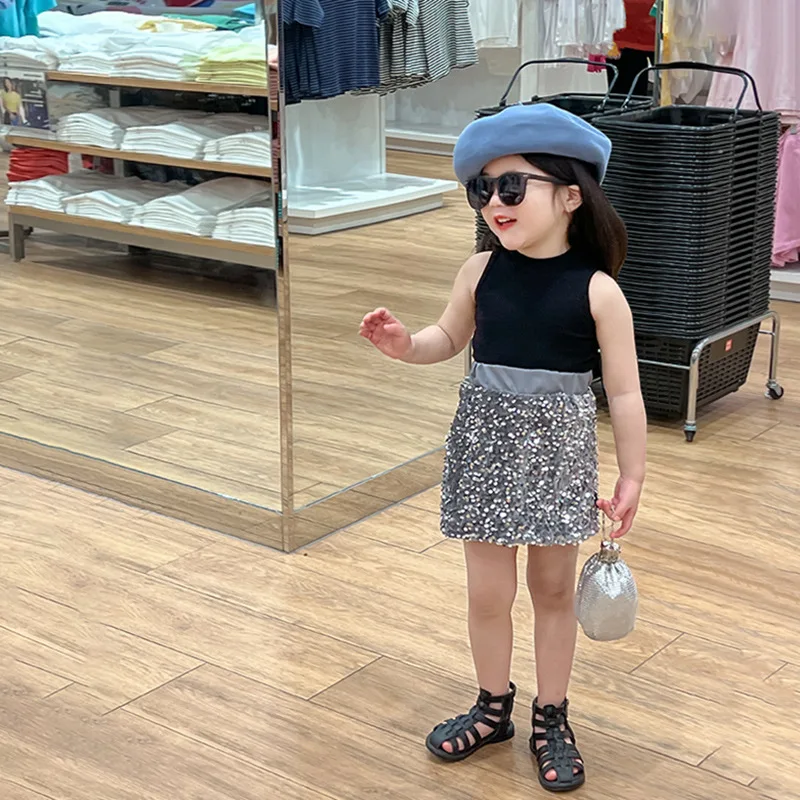 

Girls Set 2023 Korean Summer New Knit Sleeveless Vest Fashion Sequin Skirt Two Piece Set for Baby Girls