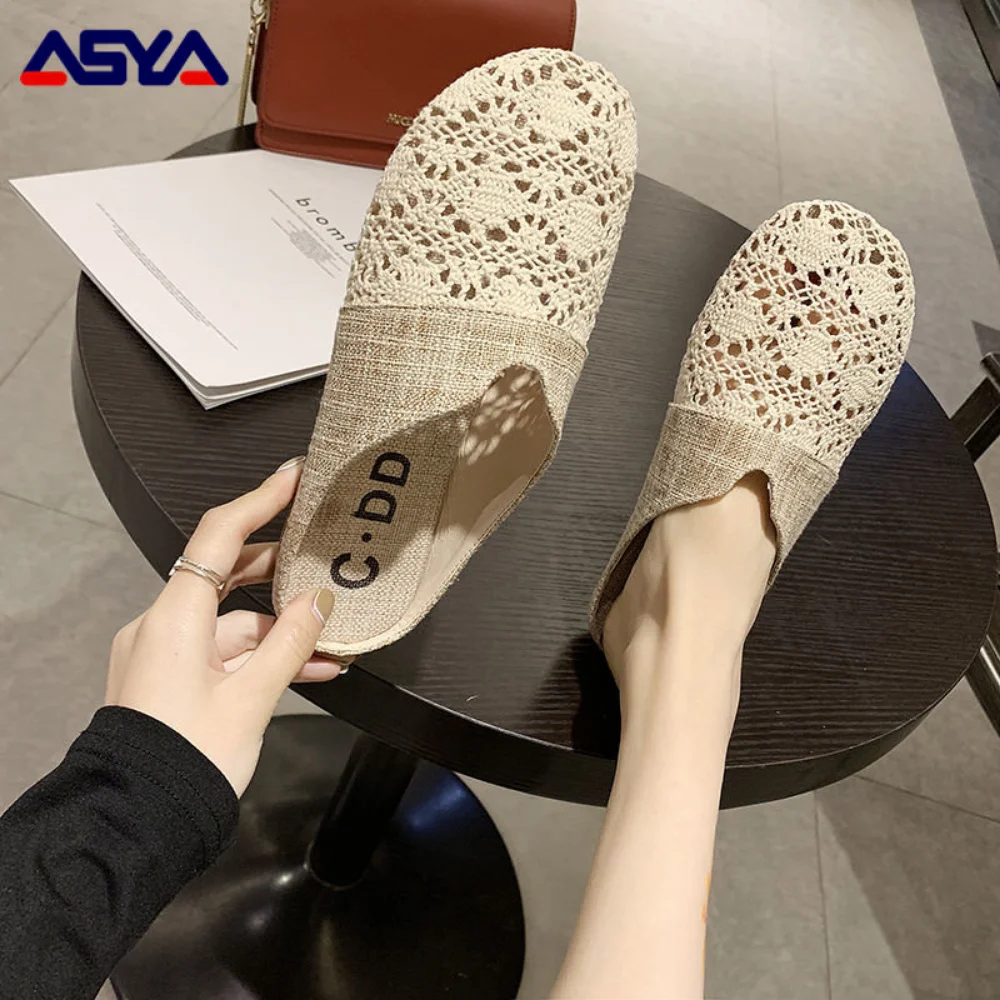 ASYAPOY Half slippers for women to wear out new summer versatile woven breathable flat bottomed lazy sandals