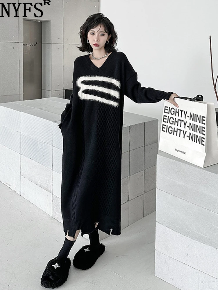 2022 Autumn New Lazy V-neck Jacquard Woman Sweater Dress Vestidos Robe Femme Elbise Loose Plus Size Knitting Long Dress