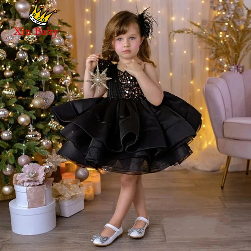 Black Baby Girl Birthday Dress Shiny Fluffy Flower Girl Dresses For Weddings Kids Princess Ball Gown Lush Dresses For Girls