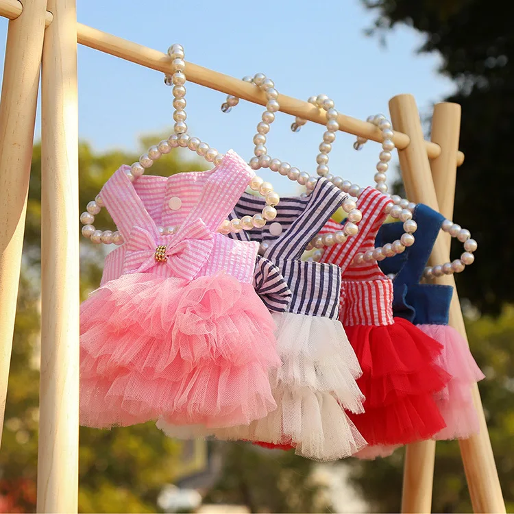 

New Dog Princess Dresses Puppy Bow Knot Dress Pet Tutu Skirt Striped Mesh Puppy Dog Princess Summer Dresses for Small Medium Cat