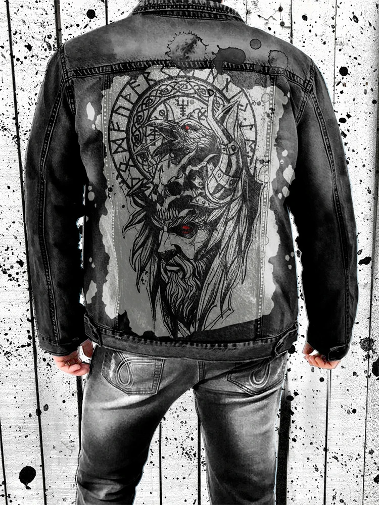 

2022 Spring New Fashion Pattern Print Turn-down Collar Coats Mens Casual Long Sleeve Buttoned Outerwear Vintage Denim Jacket Men