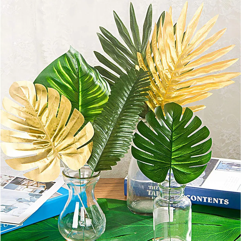 

60pcs Green Tropical Leaf Gold Artificial Plants Palm Fake Leaves Wedding Decorations Baby Shower Wreath Wall Decor Birthday Par