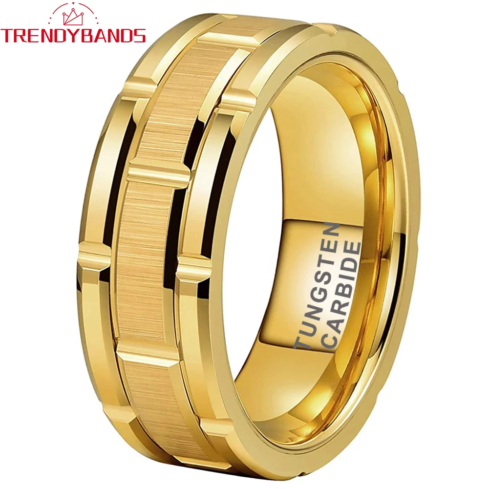 

8mm Gold Tungsten Wedding Band for Men Women Engagement Ring Fashion Jewelry Grooved Free Engraved Brushed Finish Comfort Fit