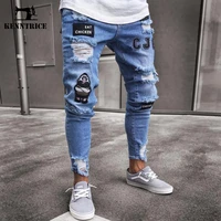 mens jeans stretchy denim pants brand classic embroidery clothes overalls slim fit trousers for men destroyed hole taped
