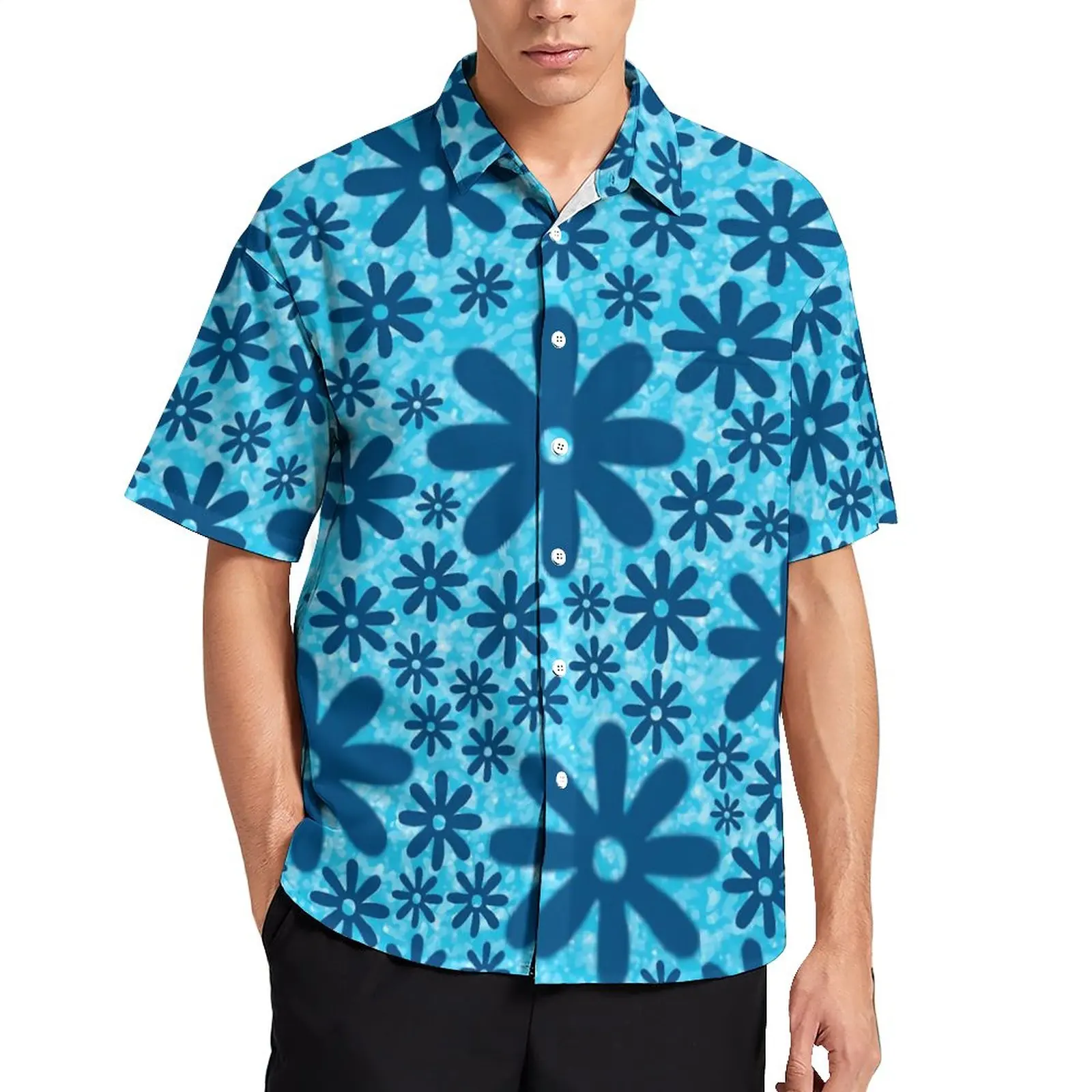 

Blue Daisy Print Beach Shirt Retro Flowers Summer Casual Shirts Mens Streetwear Blouses Short-Sleeve Graphic Top Plus Size