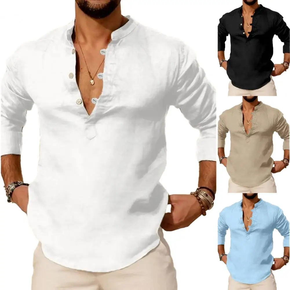 

Men Long Sleeve Shirt Slim Fit Pullover Men's Henry Neck Long Sleeve Shirt with Buttons Soft Breathable Solid Color Streetwear