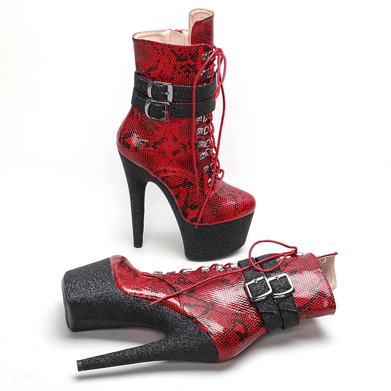 Leecabe 17CM/7inches ankle boots snakeskin upper fashion   platform party  shoes Pole Dance boot