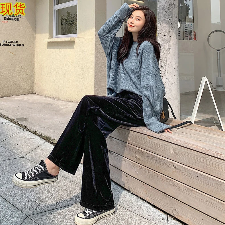 Женские бархатные брюки до пола повседневные черного и серого цвета с боковыми