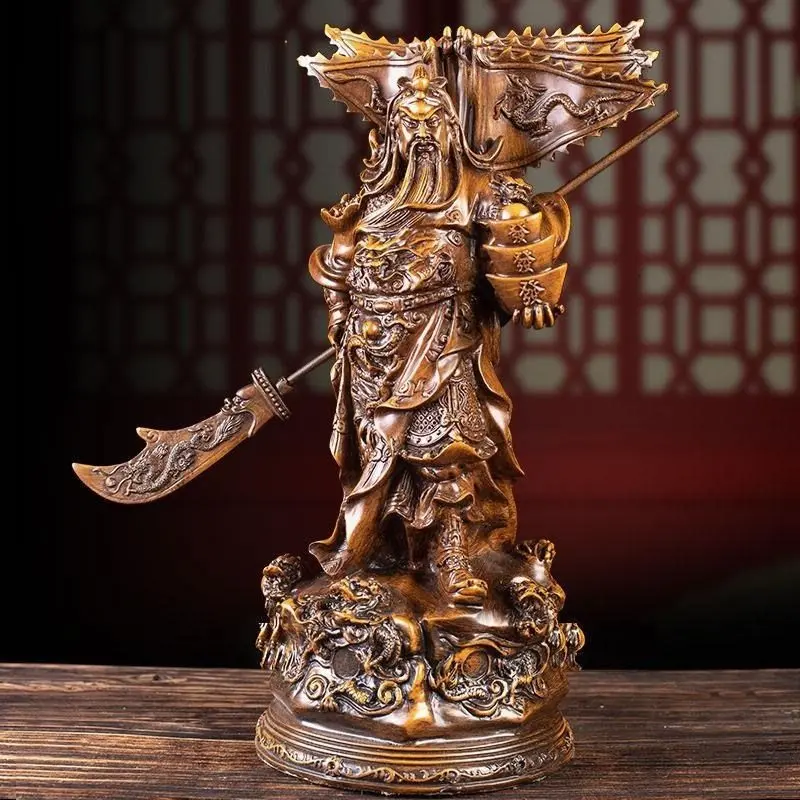 

Statue of the God of Wealth, Guan Gong Kowloon，Resin Imitation wood grain God of War Guan Yu Home room loft office lucky statue