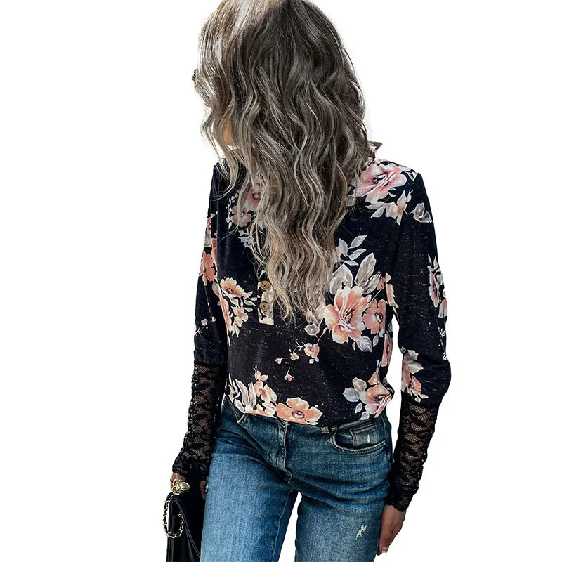 

2022 Spring New Women's Top Pullover Round Neck Long Sleeve Black Printed T-shirt Fashion Casual Lace Woman Clothes