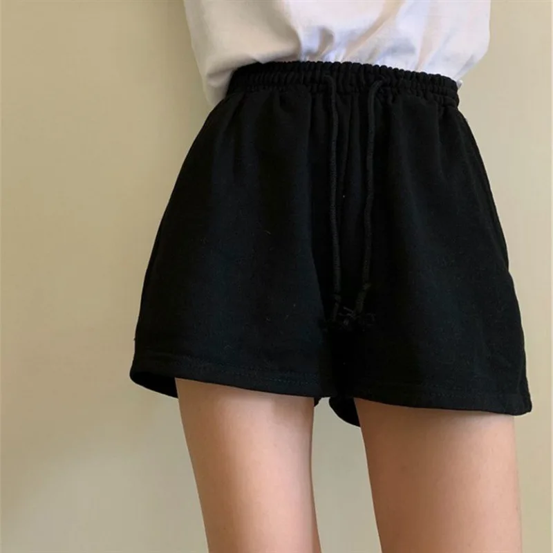 Women Shorts Cotton Cozy Simple Loose Solid Shorts Lace Up Drawstring Wide Leg Sports Pants Breathable All-match Running Bottoms