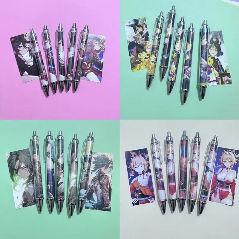 5 шт. аниме Genshin рандомная разноцветная ручка тонкая черная мультяшная чернила