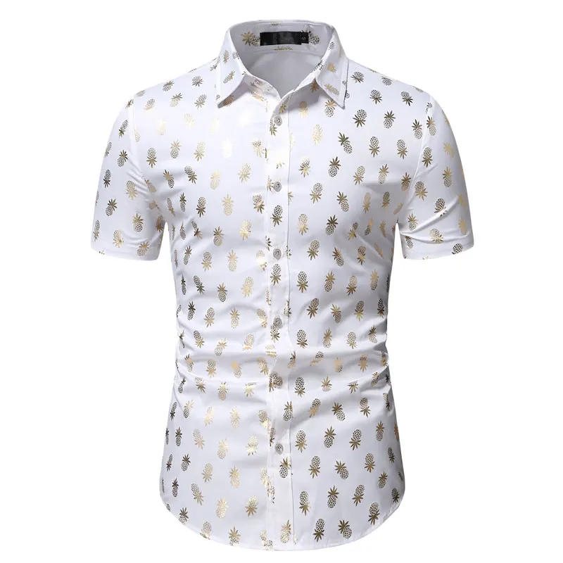 

Mens Funky Pineapple Gold Print Hawaiian Shirt Short Sleeve Summer Fashion Beach Shirts Aloha Party Vacation Holiday Clothing