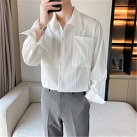 boy loose shirt long sleeve casual oversize shirt men striped pockets designer blouse streetwear korea fashion men clothing 2022