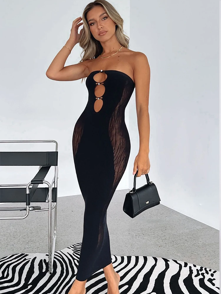 

High Quality Summer Midi Bodycon Dress Party Sexy 2022 Strapless Mesh Dress Sexy Cut Out Crystal Stone Celebrity Club Dress