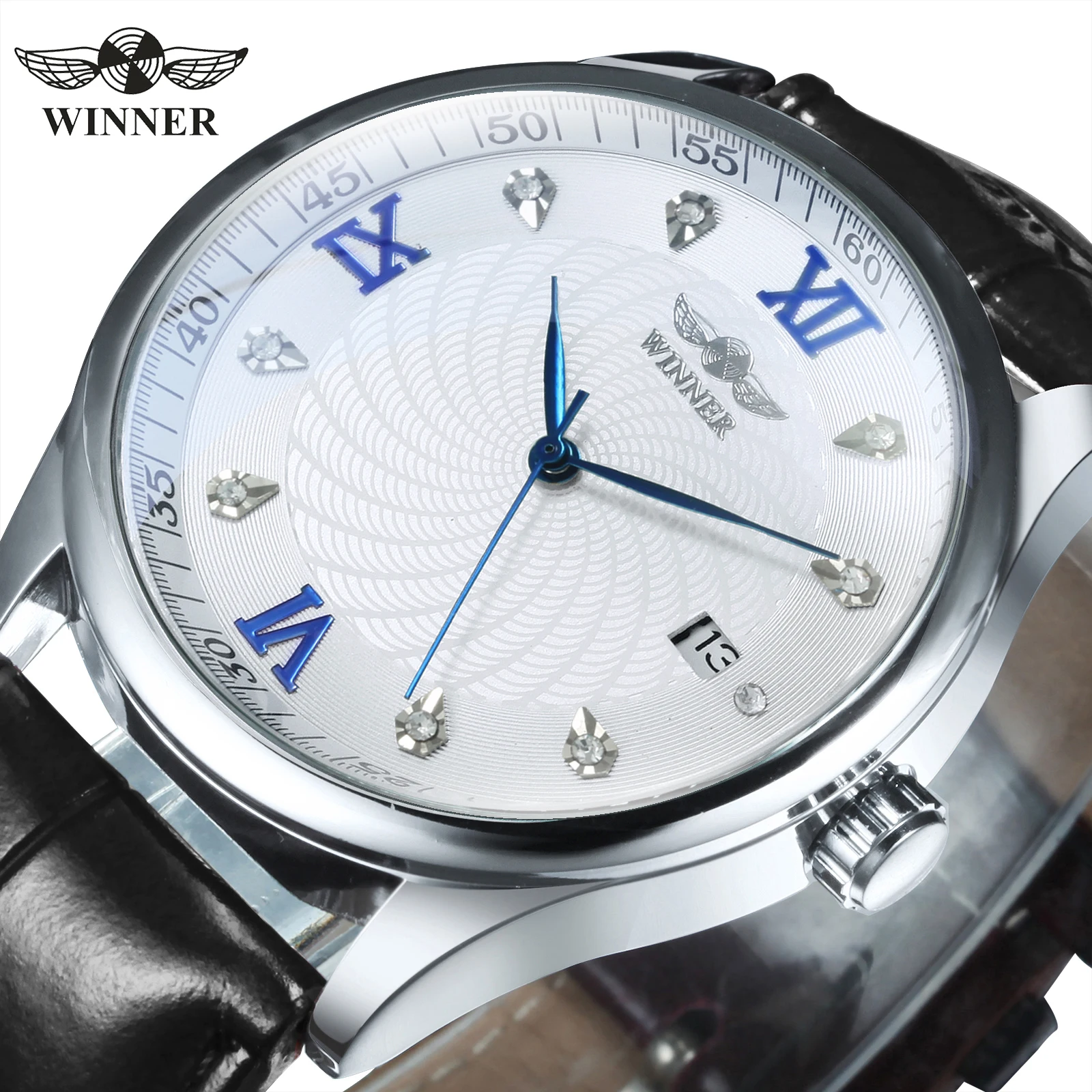 

Minimalist Business Automatic Mechanical Watch for Men Fashion Diamond Luminous Unisex Watches Luxury Leather Belt WINNER Clock
