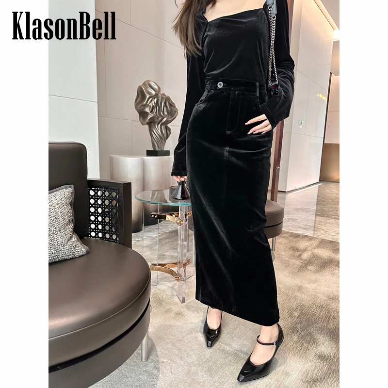 

1.7 KlasonBell Temperament Velvet Back Split Midi Skirt Women