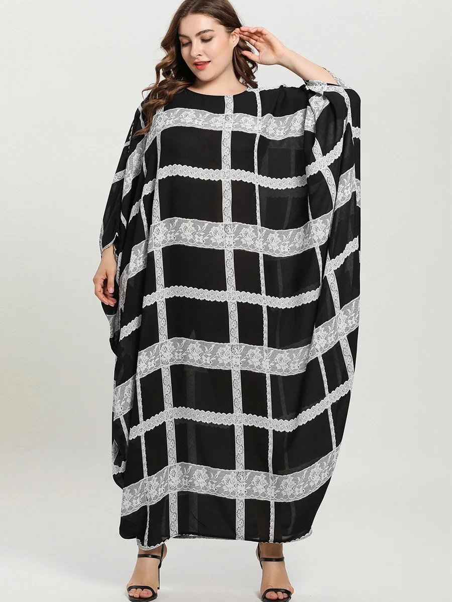 Plus Size Dresses for Women 4xl 5xl 6xl Casual Checked Lace Abaya Femme Patchwork Runway Robe Large Party Long Sleeve Clothing