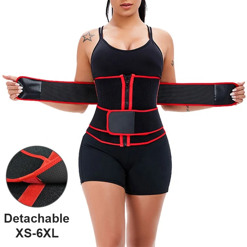 

Dropship Thick Plus Size XS Red Sweat Sauna Shaper Fajas Gaine Zip Trimmer Double Belt Women Neoprene Detachable Waist Trainer