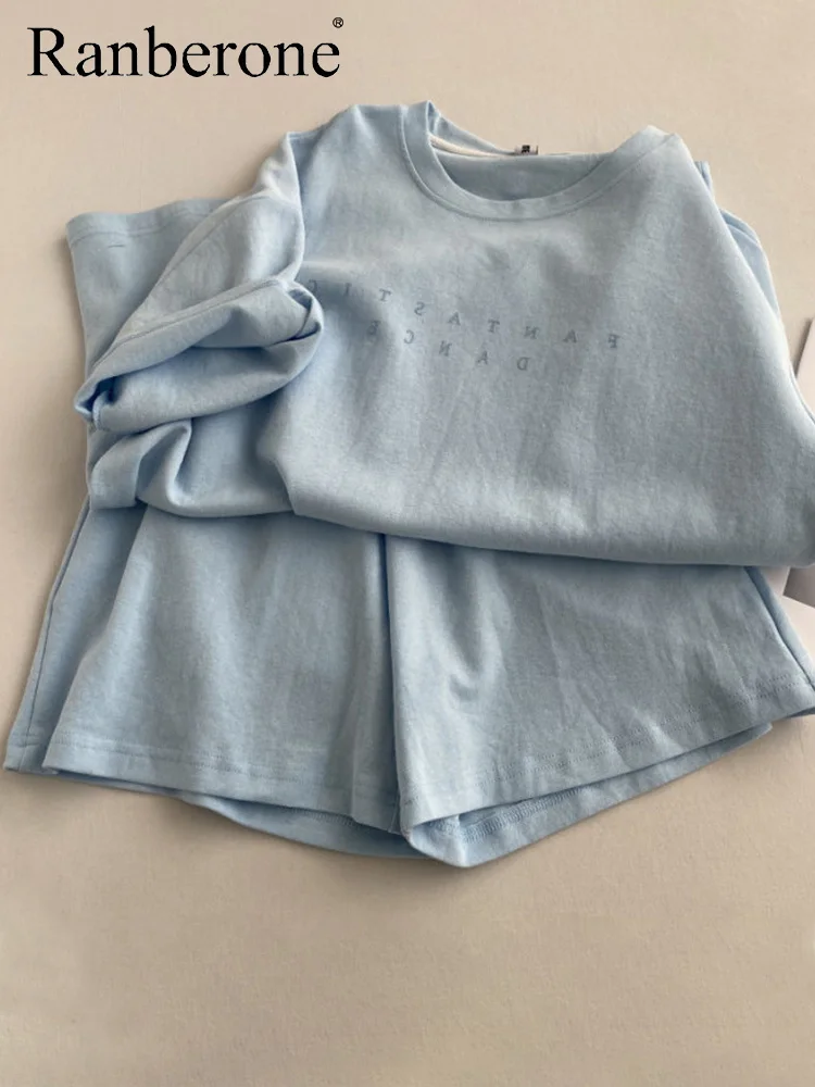 Ranberone Women O Neck Letter Short-sleeved T-shirt and Shorts Suit Summer New loose Casual Two-piece Sets Korean Women's Sets
