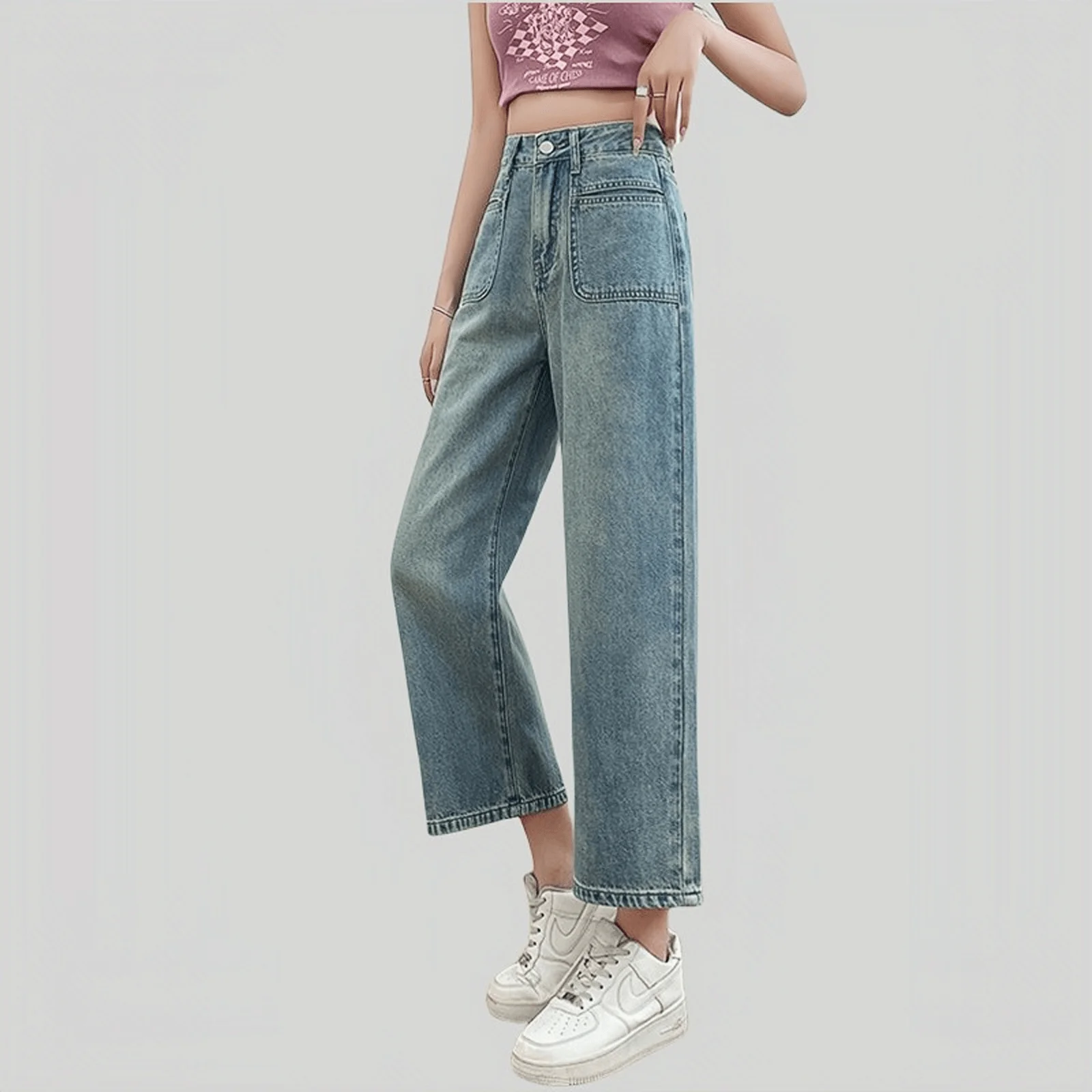 

Women's Non-Stretch Cropped Jeans Loose High-Waisted Wide-Leg Pants，fashion casual pants