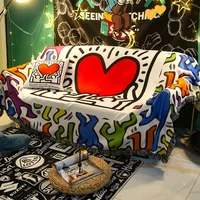 Cartoon Love Sofa Cover Keiths Harings Blanket Stain Resistant Picnic Cloth Cushion Rug Home Decoration Living Room 3 2 1 Seater