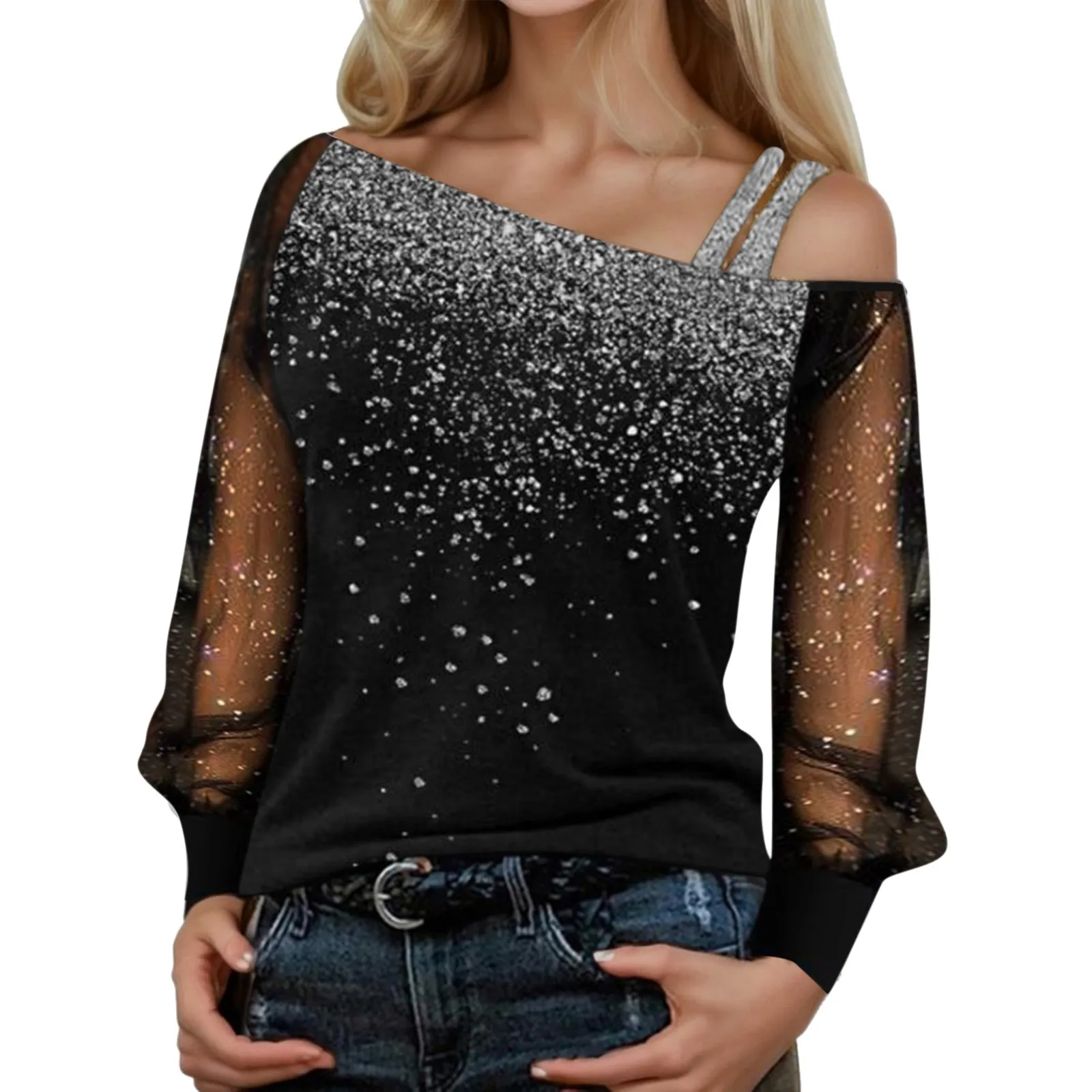 

Sequin Mesh Cold Shoulder Blouse Splice Long Sleeves Loose Shiny Glitter Tunic Top Casual Womens Tops And Blouses