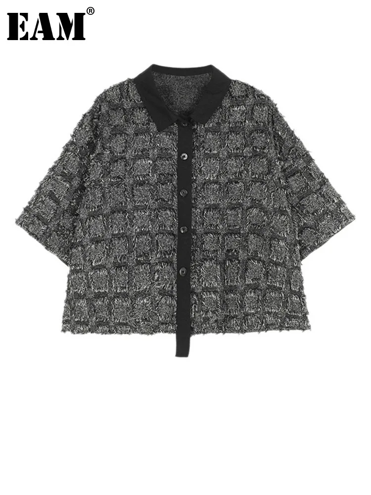 

[EAM] Women Black Plaid Short Thin Big Size Shirt New Lapel Short Sleeve Loose Fit Fashion Tide Spring Summe 2023 1DF8644