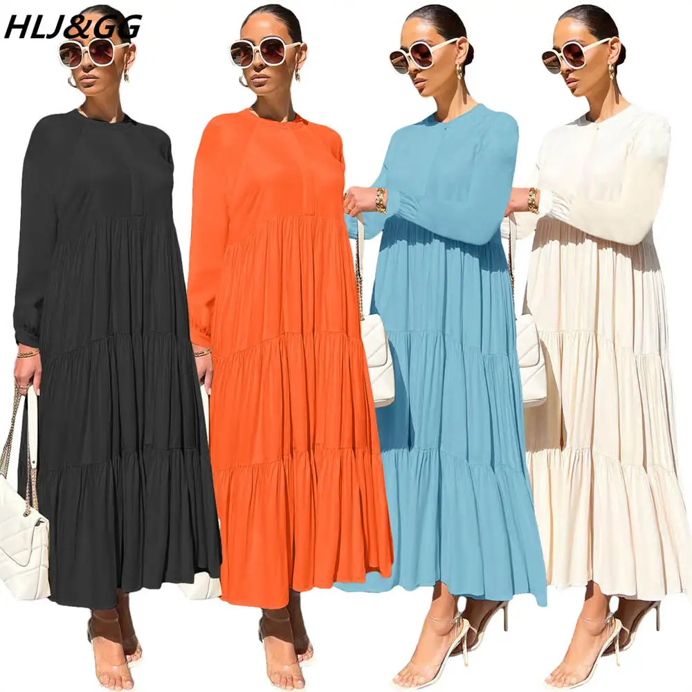 

HLJ&GG Fall Winter Loose Mid Dresses Women Solid Button Long Sleeve A-line Dress Casual Female Ruched Vestidos Robe Dropshipping