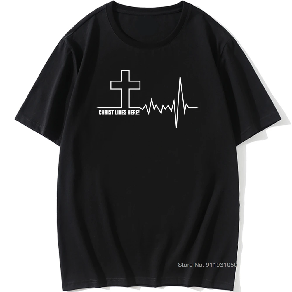 

Christ Lives Here Heartbeat T-shirt Novelty Summer Comfort Print Men's T-shirt 100% Cotton Round Collar Tops Tees