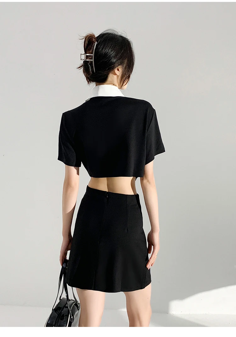 Женское черное платье-поло с вышивкой коротким рукавом и открытой спиной - купить