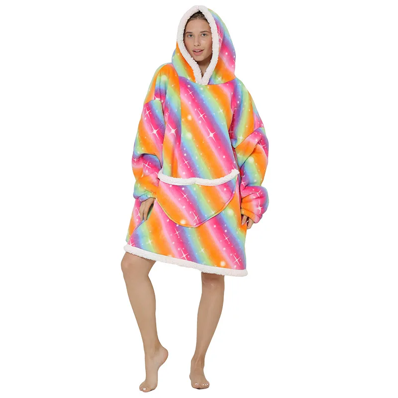 Winter Women Compound Fleece Lined Flannel Hoodie TV Blanket Hooded Slacker Home Thermal Pajamas