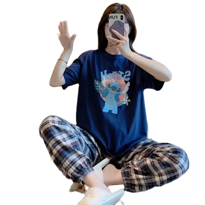 Disney Cartoon Stitch Cute Kawaii Pajama Sets for Women Summer Matching Short Sleeve Top and Plaid Pants Ladies Home Suit Casual