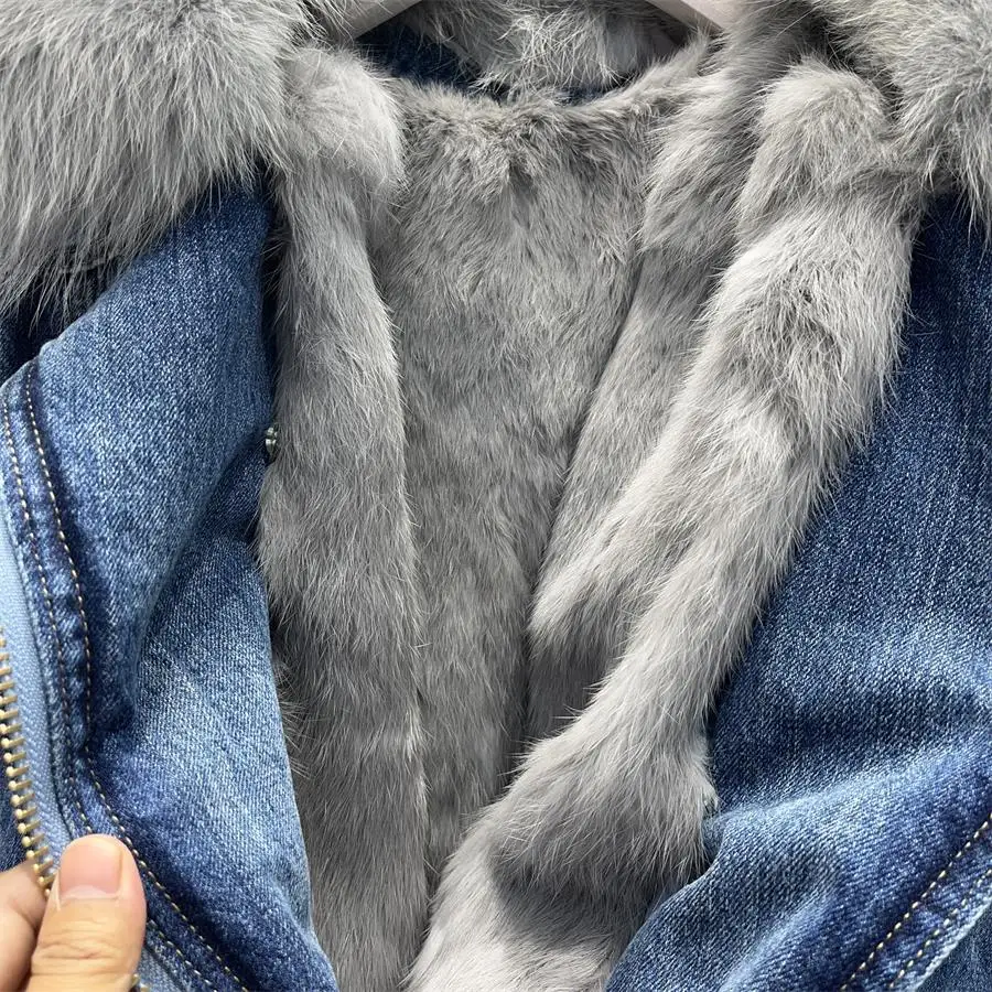 KoHuiJoo Plush Thickened Denim Coat Women Korean 2022 Winter Fashion Personality Short Fox Fur Fur Coat Double breasted Jacket