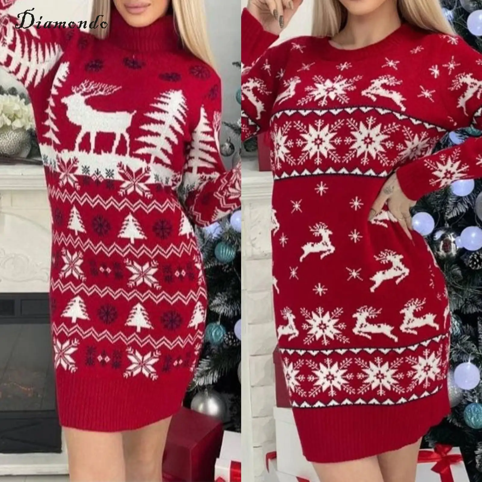 

Women Casual Knitted Sweater Dress Long Sleeve Elk Jacquard Red Crochet Pullovers Christmas Style Slim Fit Daily Outfit