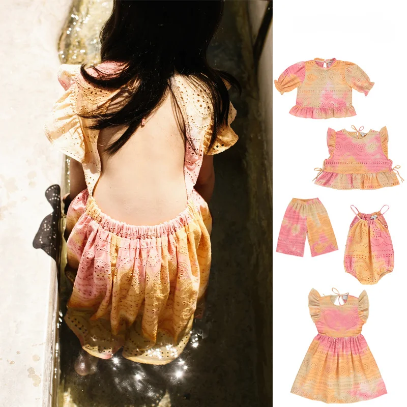 

2023 Summer New Children's Dresses Fashion Tie Dye Embroidery Lace Cotton Girls Dress