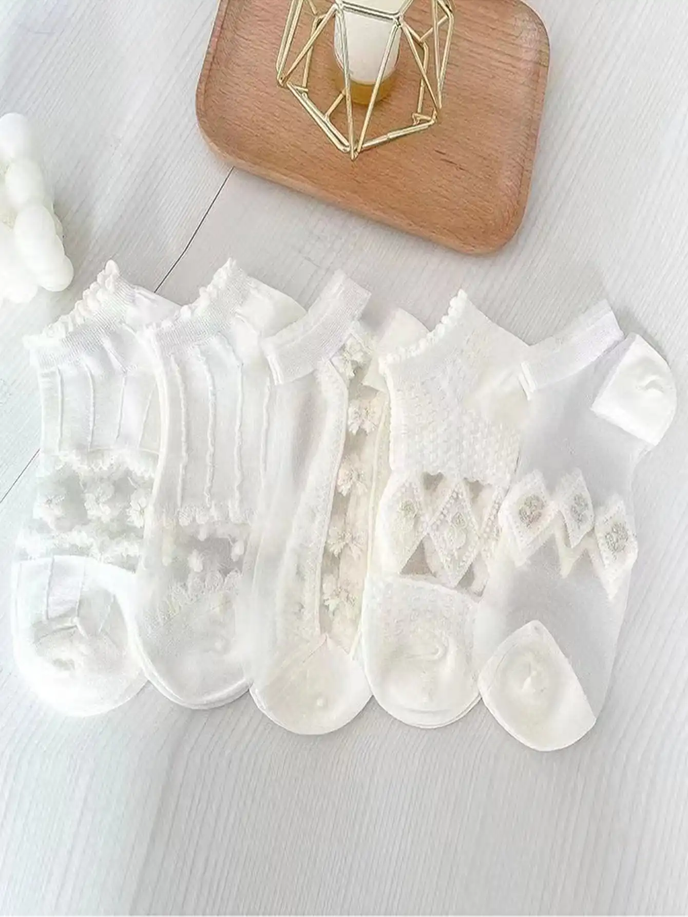 5 pairs Bow Pattern Ankle Invisable Socks Low Tube Casual Style With Patterns Cute and Graceful In Cream White Comfortable