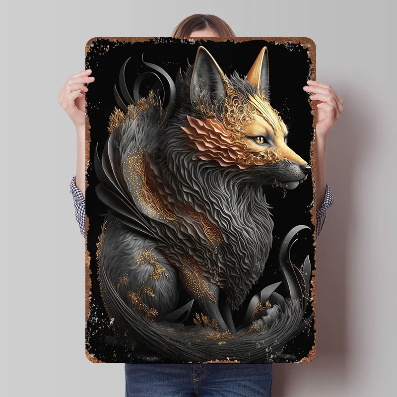 Фото Металлическая табличка Fire Fox Golden Art Deco: винтажный постер из жести, ретро-декор для ванной комнаты и украшения стен №1